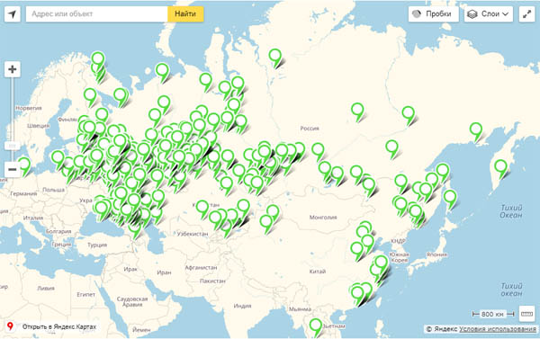 Офисы СДЭК на карте России 