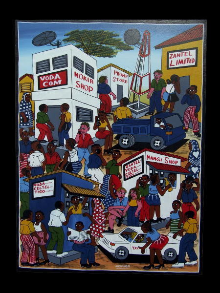 Африканская картина "Мобильный город" в стиле Тингатинга (Танзания)