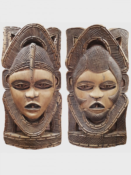 Две африканские настенные маски из дерева Oba (Нигерия) короля и королевы